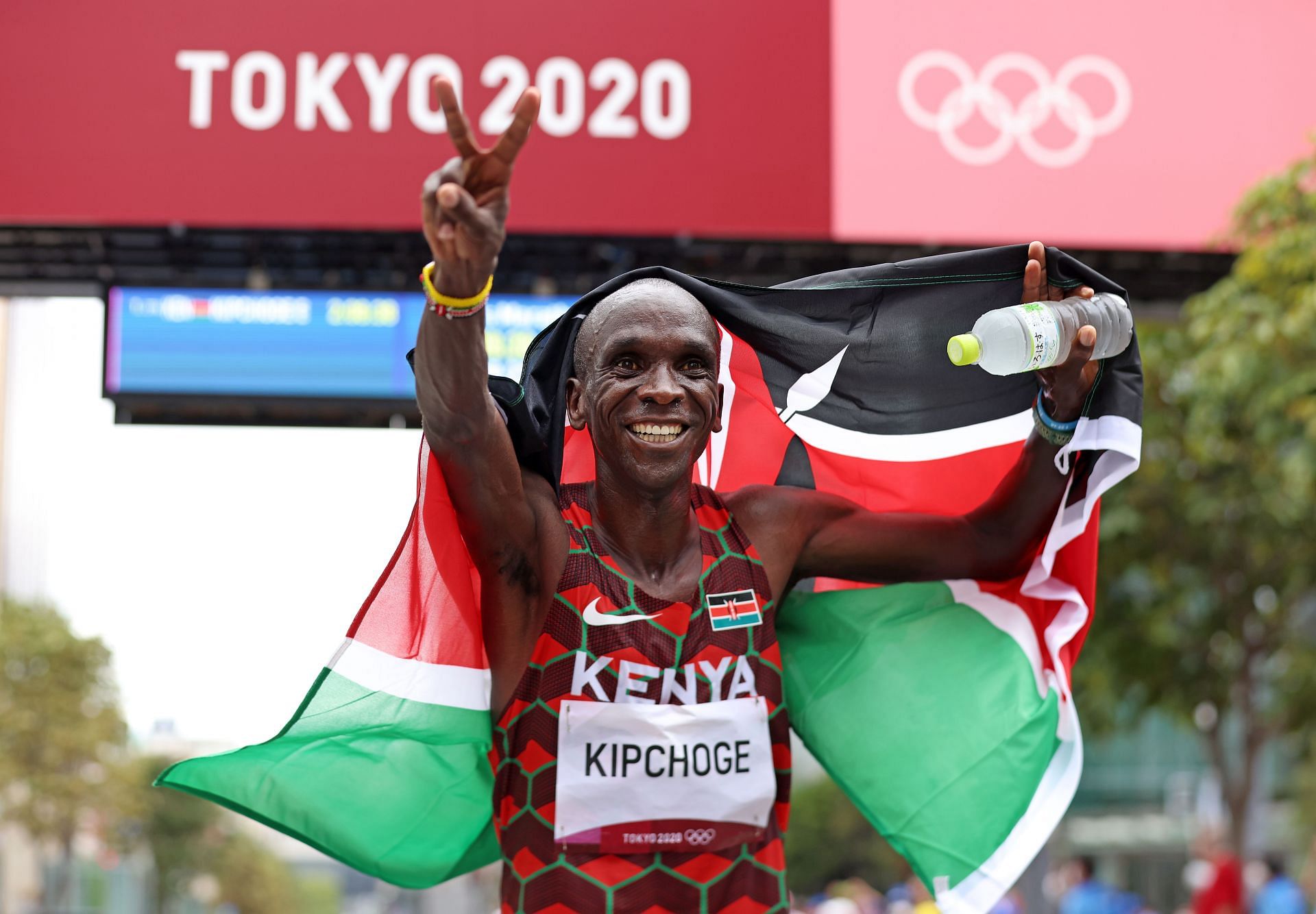 Eliud Kipchoge of Team Kenya celebrates after winning the gold medal in the Men&#039;s Marathon in Japan.