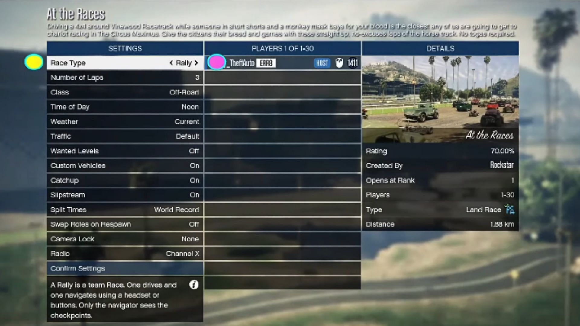 Change Race Type to Rally in this menu (Image via YouTube/Granny Theft Auto)