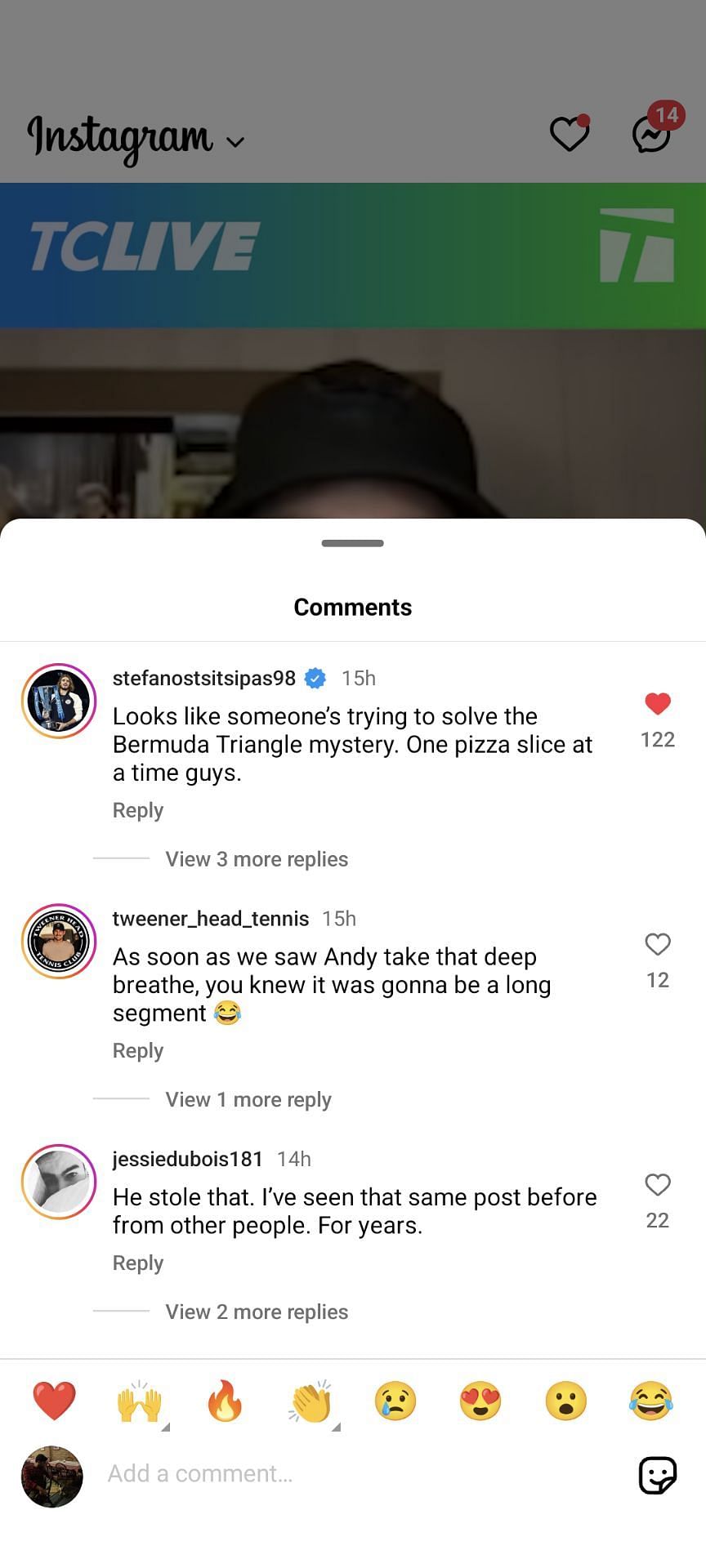 A screenshot of Stefanos Tsitsipas&#039; comment under Tennis Channel&#039;s Instagram post.