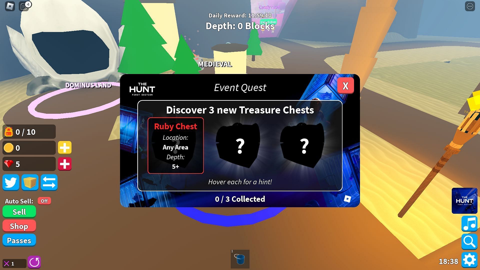 The three chests for The Hunt Trio badge (Image via Roblox)