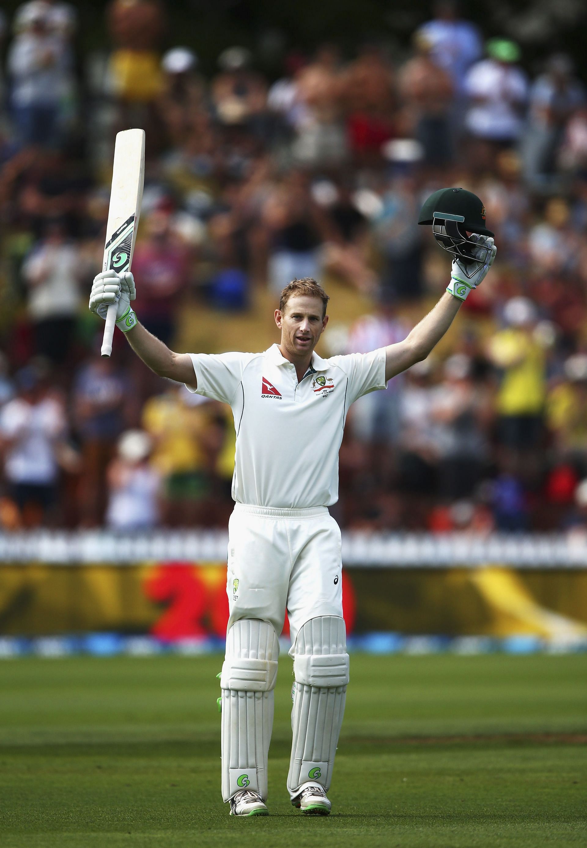 Adam Voges of Australia celebrates after reaching his double century during day three of the Test match between New Zealand and Australia at Basin Reserve on February 14, 2016, in Wellington, New Zealand.