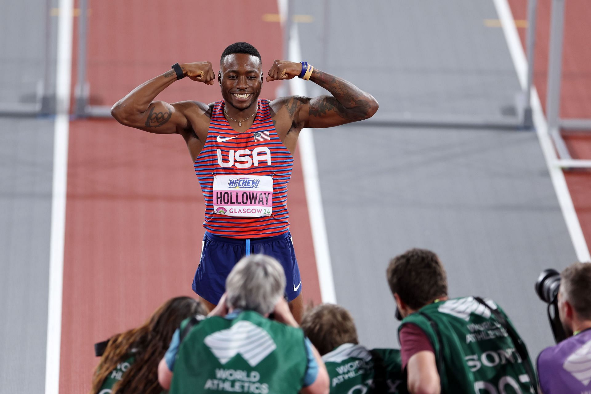 Gold medalist Grant Holloway poses for a photo after setting a new Championship Record and winning the Men&#039;s 60m hurdles Final at the World Athletics Indoor Championships in Glasgow, Scotland.