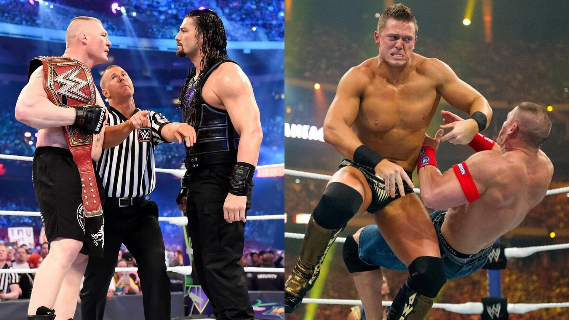 Brock Lesnar, Roman Reigns, The Miz and John Cena