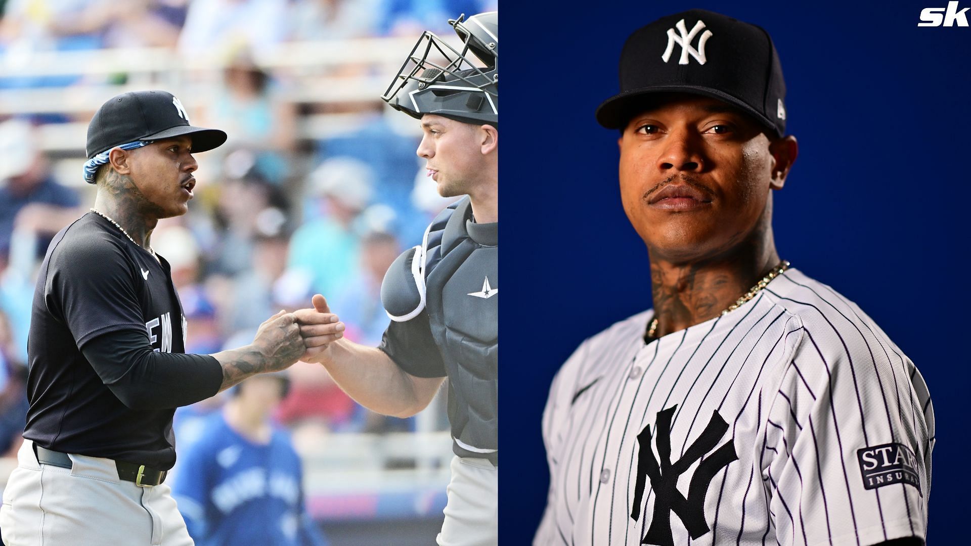 Marcus Stroman and Ben Rortvedt of the New York Yankees react following the first inning against the Toronto Blue Jays during a Spring Training game at TD Ballpark