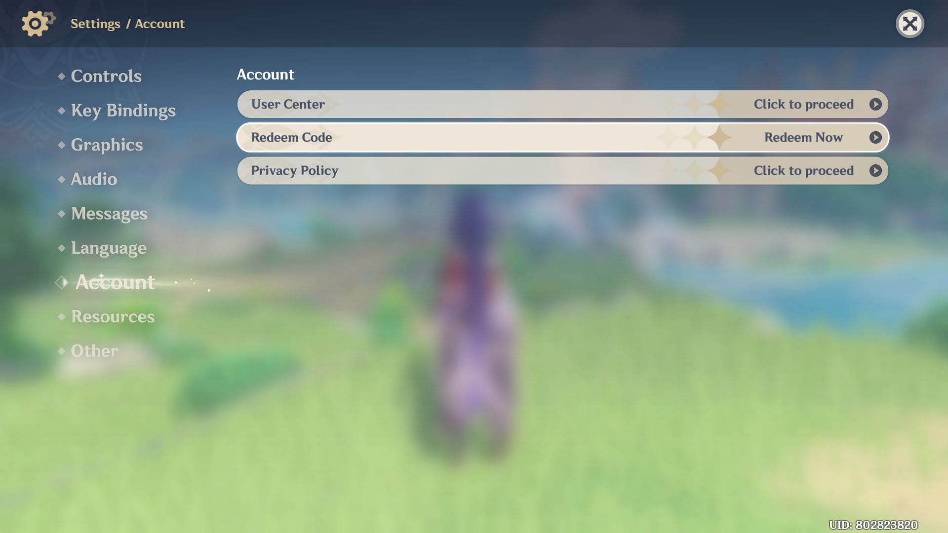 In-game settings and Account tab (Image via HoYoverse)