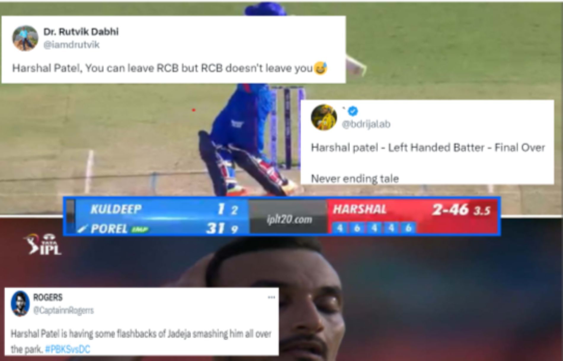 "Harshal Patel is having some flashbacks of Jadeja smashing him all over the park" - Fans troll PBKS pacer on 25-run final over vs DC in IPL 2024