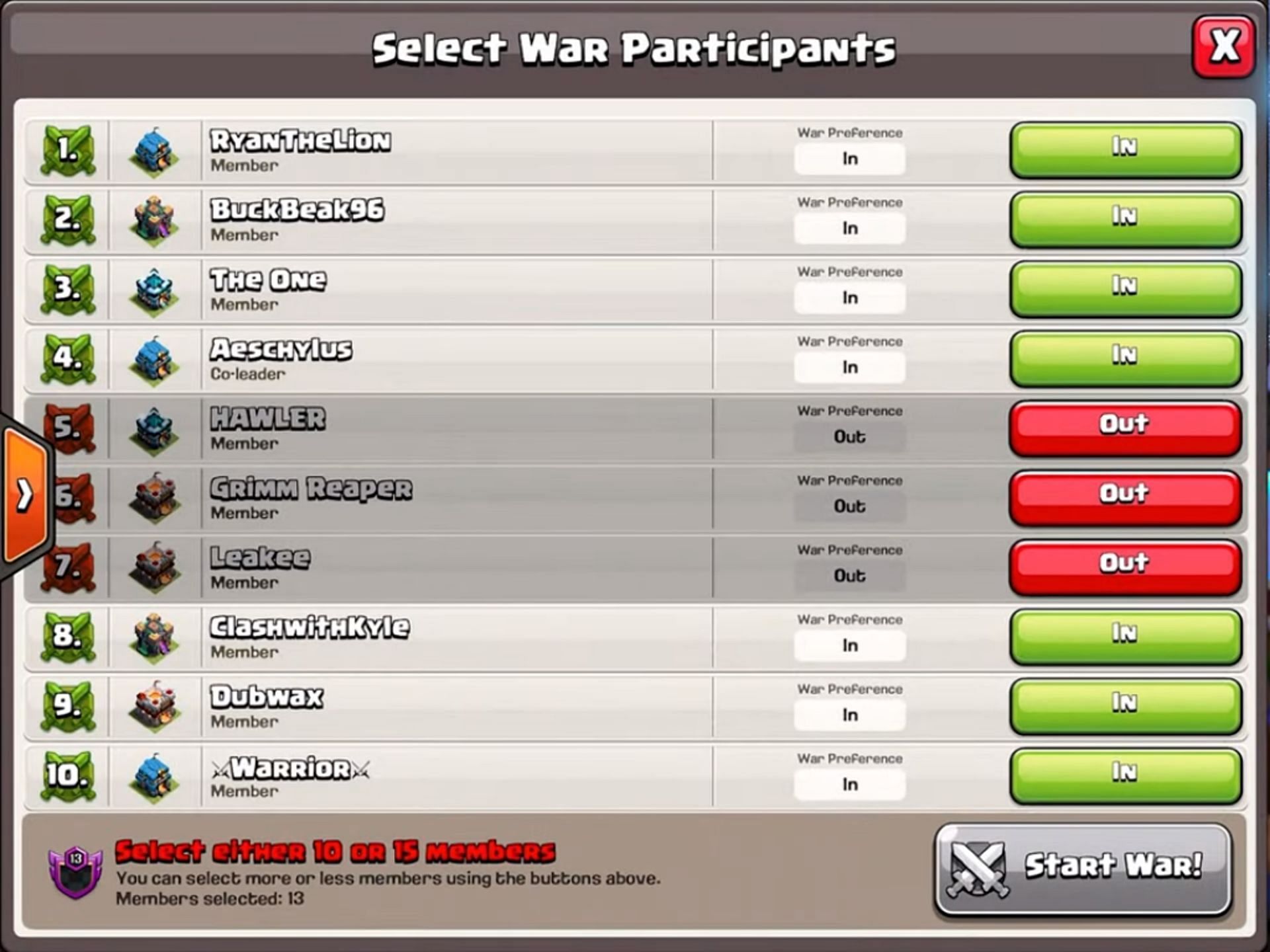 Clan War participant selection window (Image via Supercell)