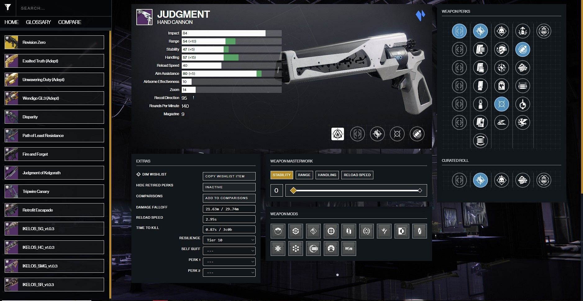 Judgment Hand Cannon god roll for Destiny 2 PvP (Image via D2Gunsmith)