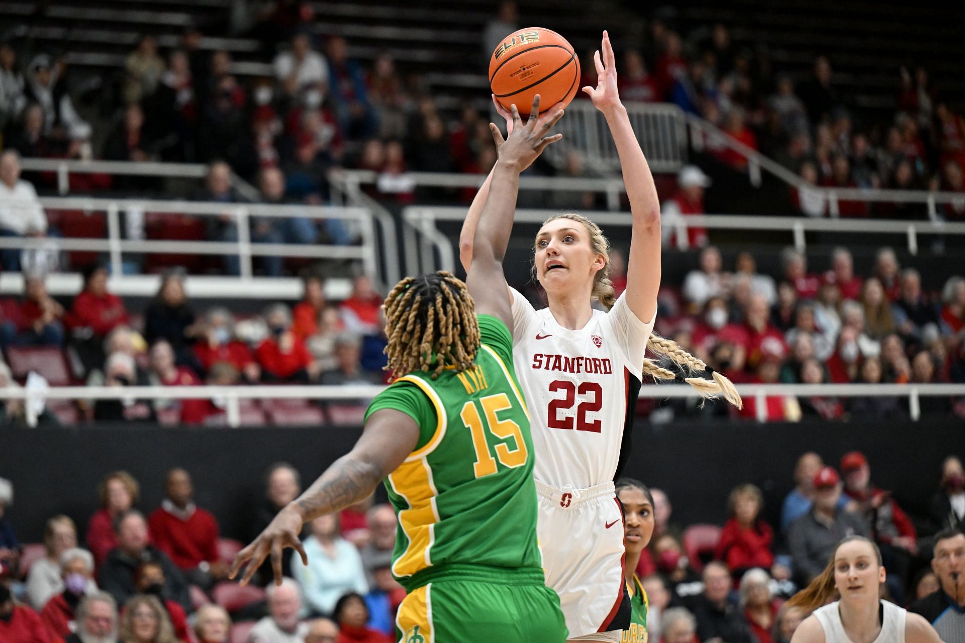Cameron Brink, #22 of the Stanford Cardinals, shoots the ball.