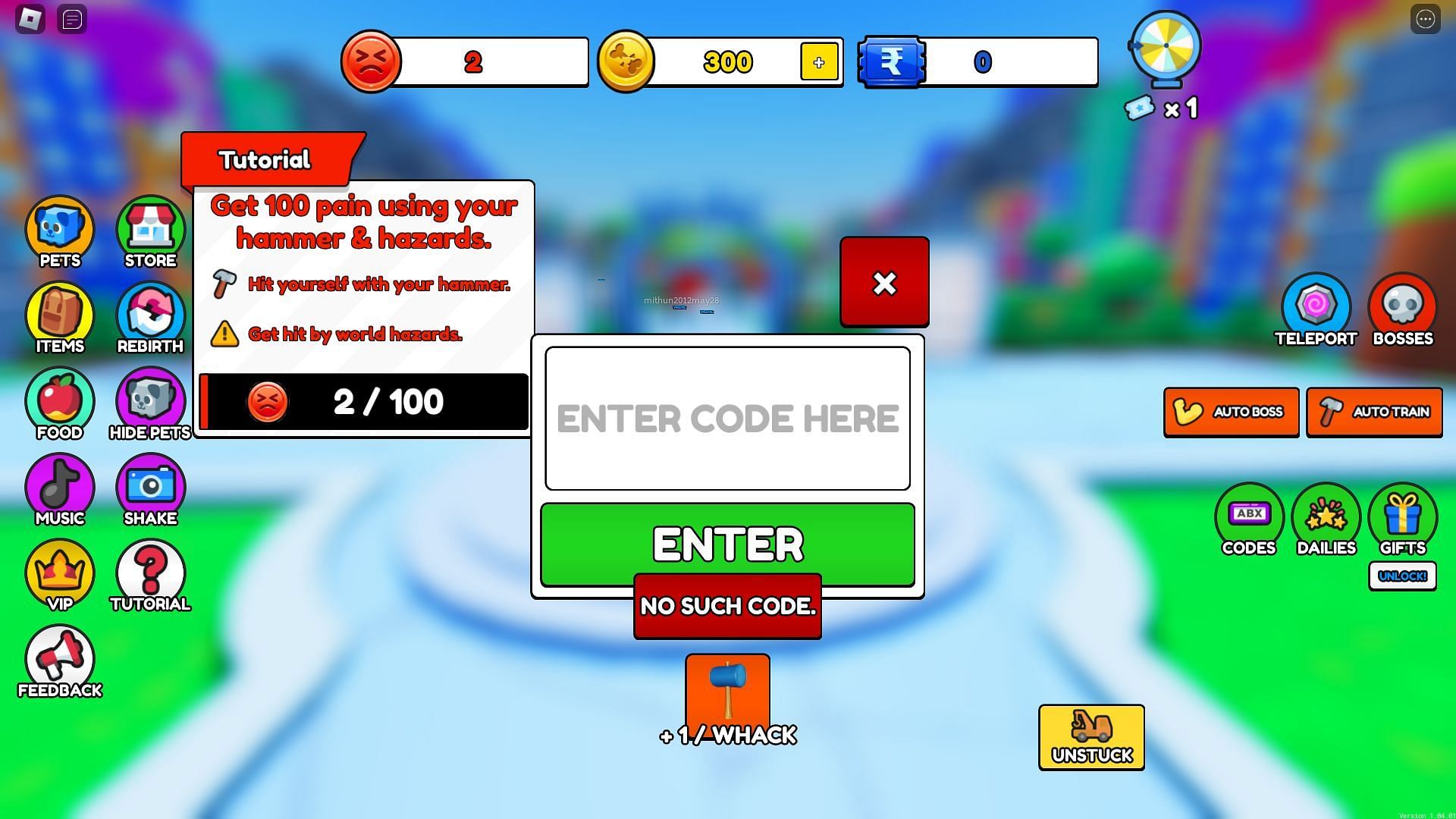 Troubleshooting codes for Pain Simulator (Image via Roblox)