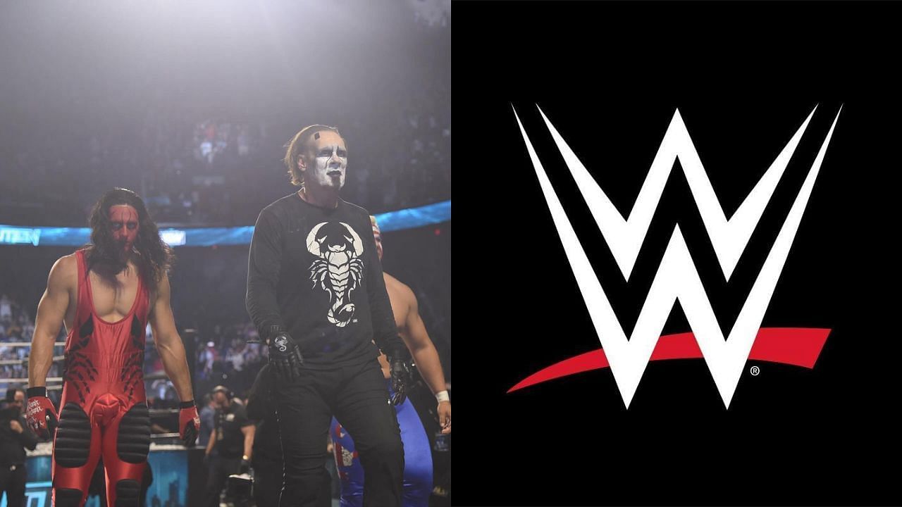 Sting (left) and WWE logo (right)