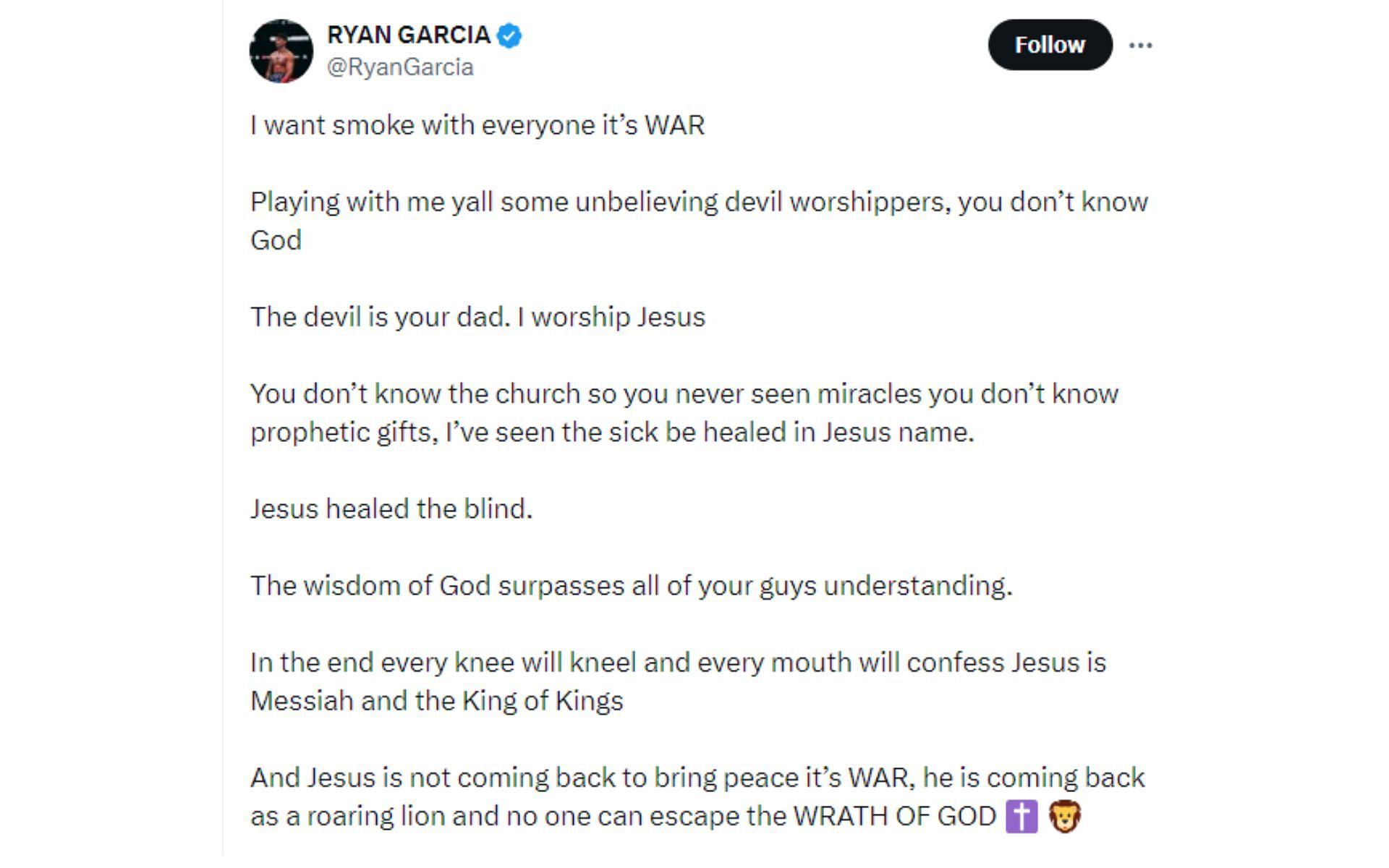 Ryan Garcia&#039;s tweet regarding his war against devil worshippers [Image courtesy: @RyanGarcia - X]