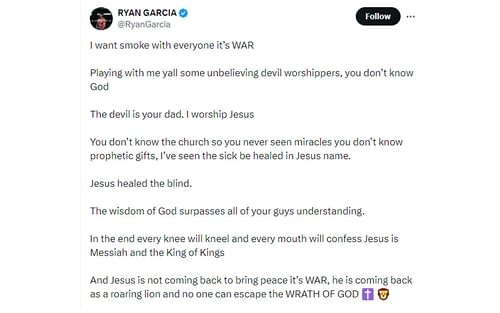 Ryan Garcia's tweet regarding his war against devil worshippers [Image courtesy: @RyanGarcia - X]