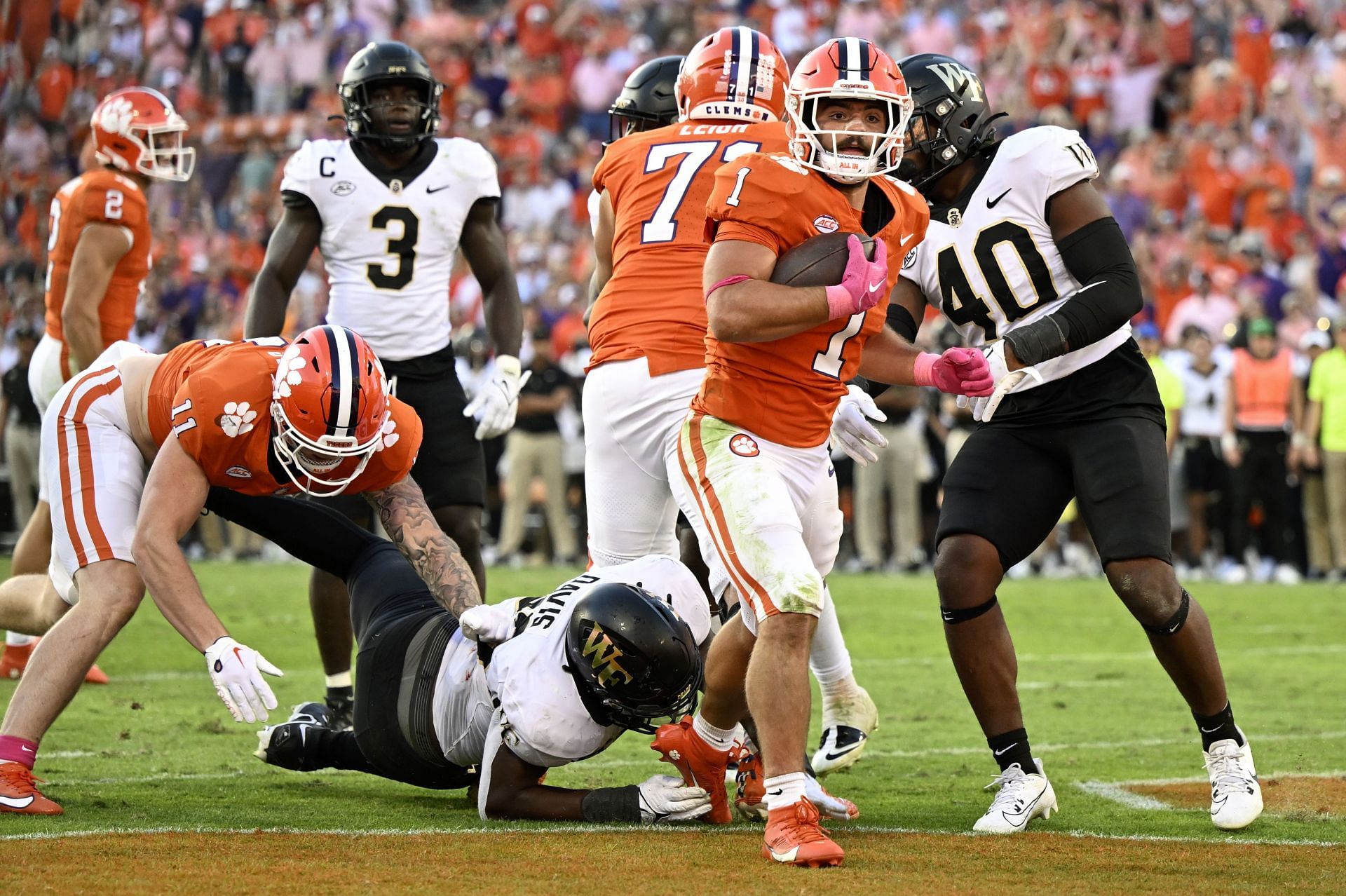 Will Shipley #1 of the Clemson Tigers scores a touchdown against the Wake Forest Demon Deacons