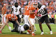 Will Shipley #1 of the Clemson Tigers scores a touchdown against the Wake Forest Demon Deacons