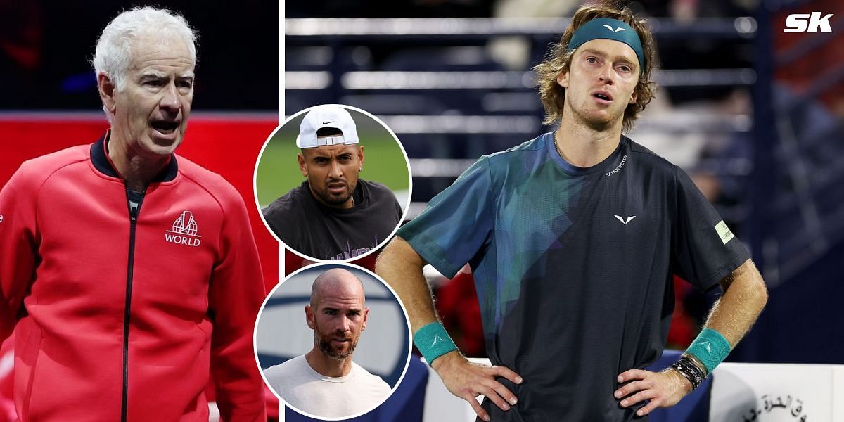 John McEnroe (L), Andrey Rublev (R), Nick Kyrgios (top inset), and Adrian Mannarino (bottom inset)