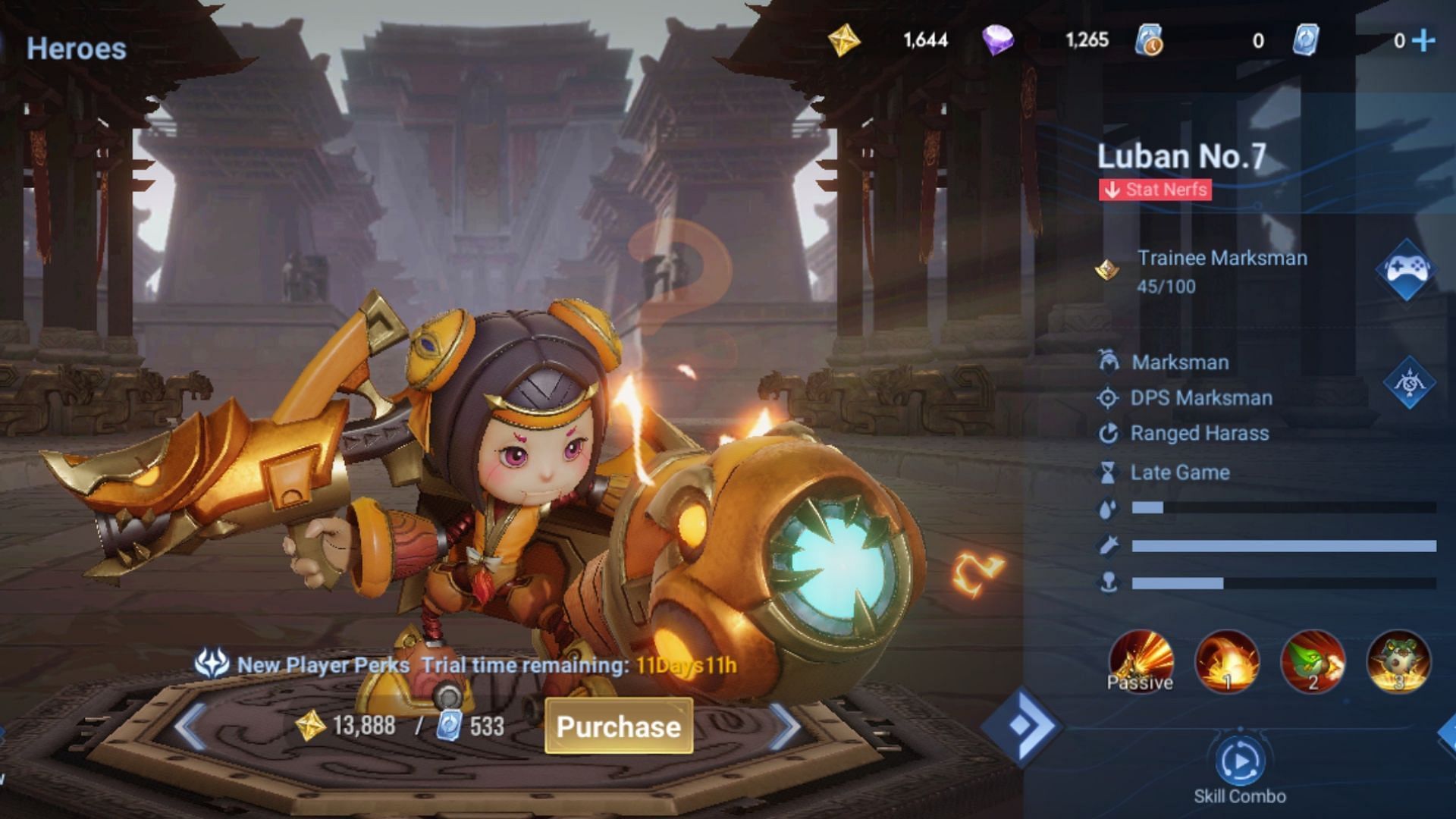 Luban No. 7 is an excellent Marksman for beginners to deal decent damage and master the farm lane (Image via Tencent Games || Level Infinite)