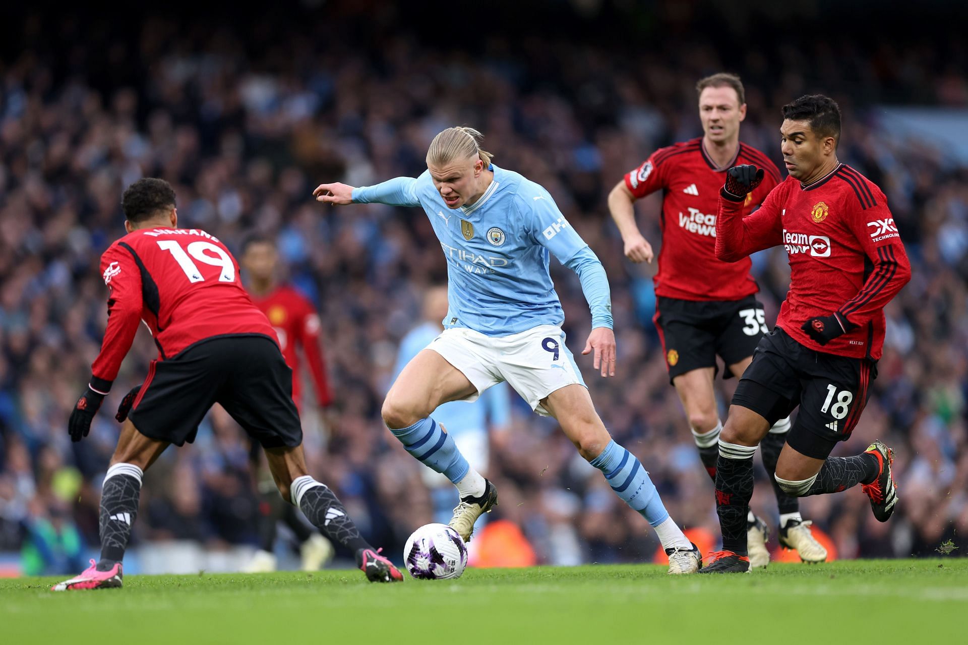 Erling Haaland scored in Manchester City&#039;s win against Manchester United.