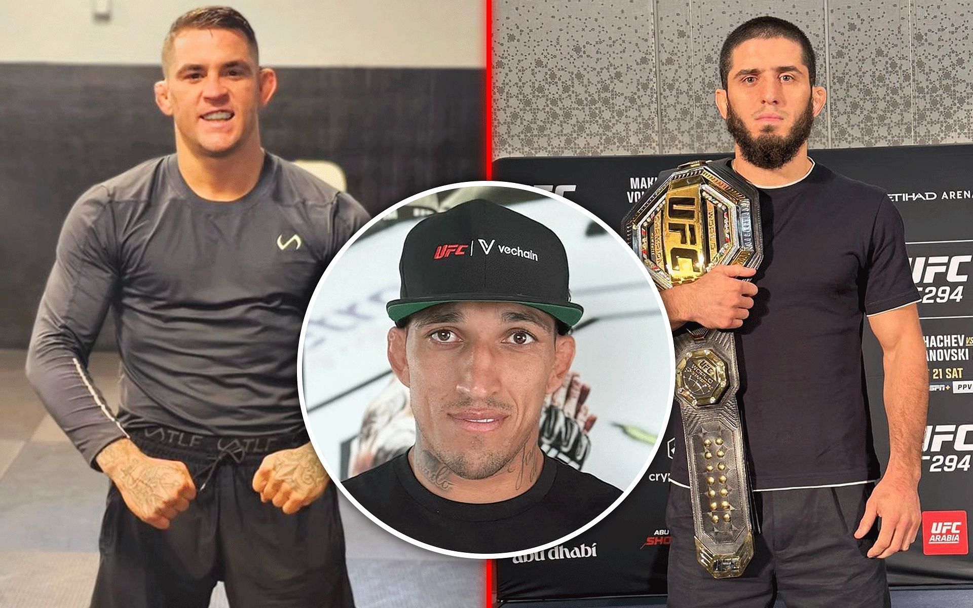 Charles Oliveira shares his opinion on the ongoing talks about a potential Islam Makhachev vs Dustin Poirier fight. [Image courtesy: @charlesdobronxs, @dustinpoirier, @islam_makhachev via Instagram]