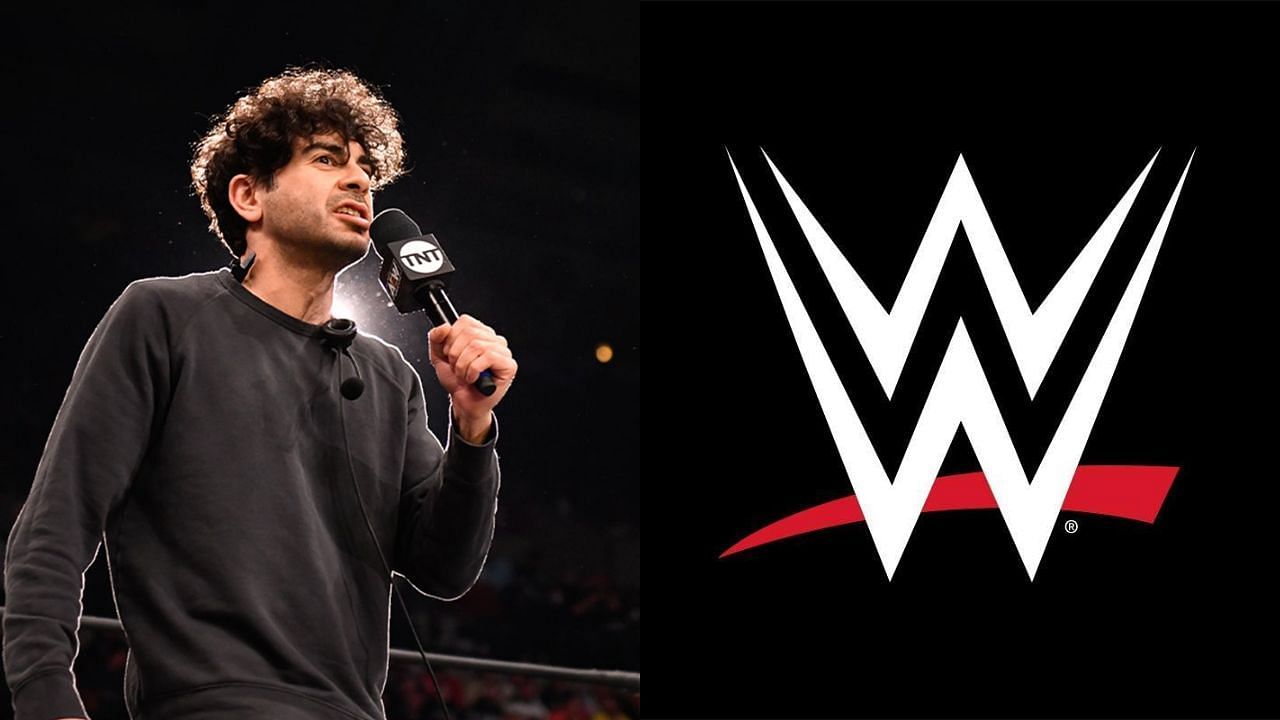 Tony Khan (left) and WWE logo (right)