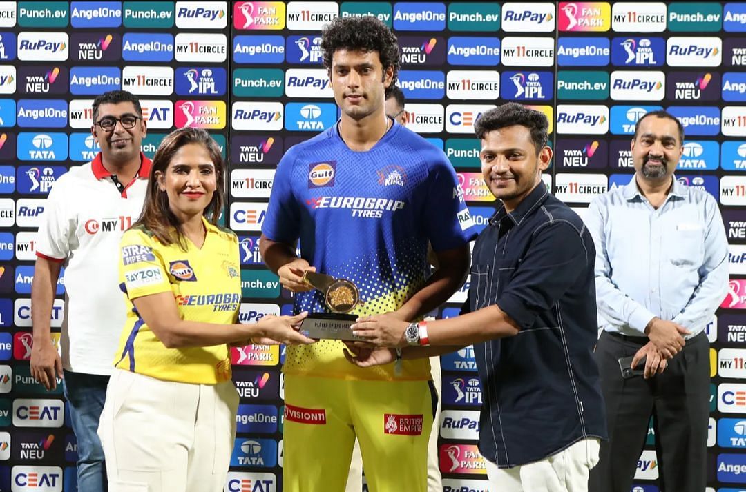 Shivam Dube receiving the Player of the Match honors