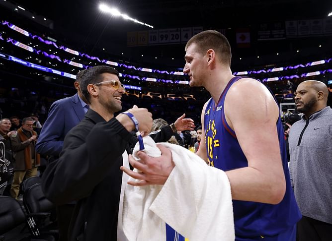 In Pictures: Novak Djokovic catches up with basketball stars Nikola Jokic and Vlade Divac following Denver Nuggets' win over LA Lakers