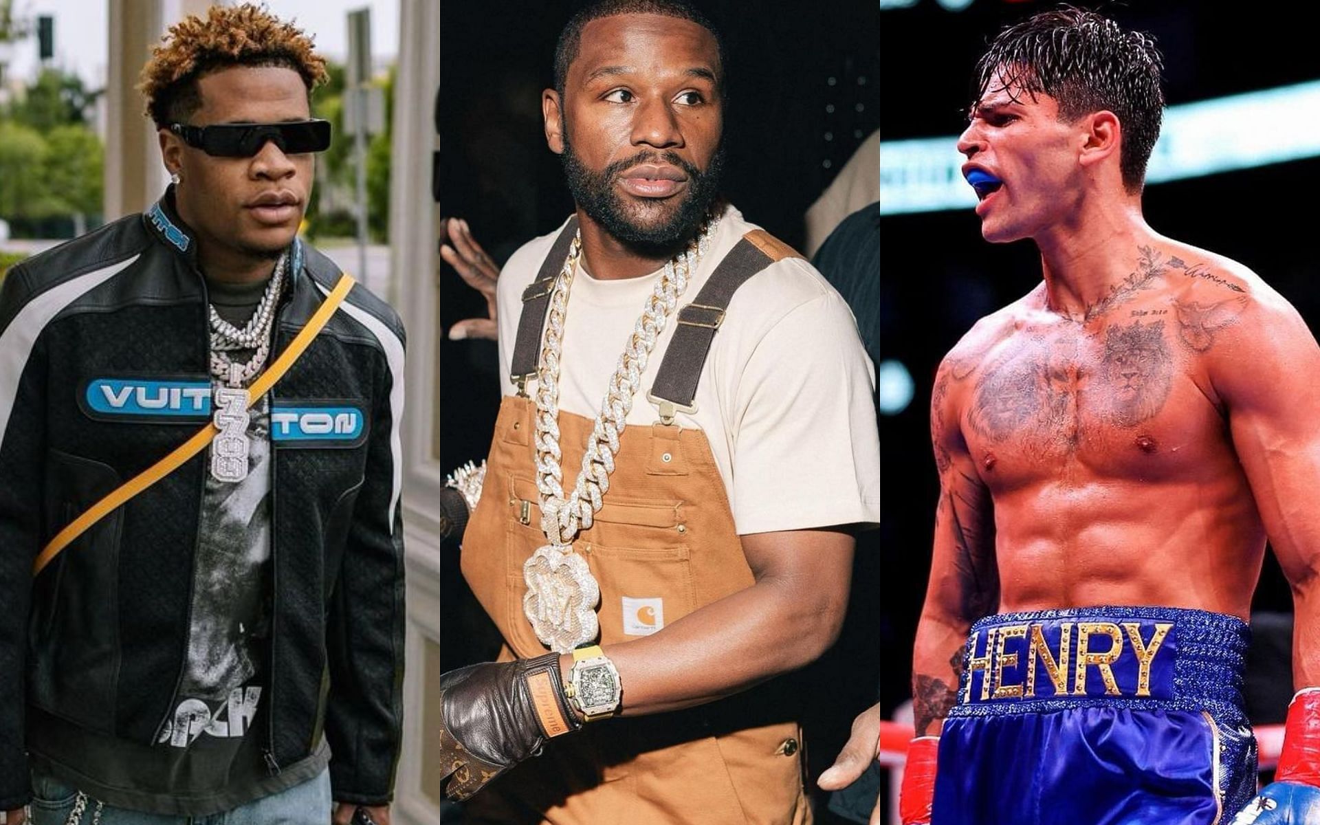 Devin Haney (left) accuses Floyd Mayweather Jr. (middle) of leaking sparring clip to Ryan Garcia (right) [Image courtesy @realdevinhaney @floydmayweather and @kingryan on Instagram]