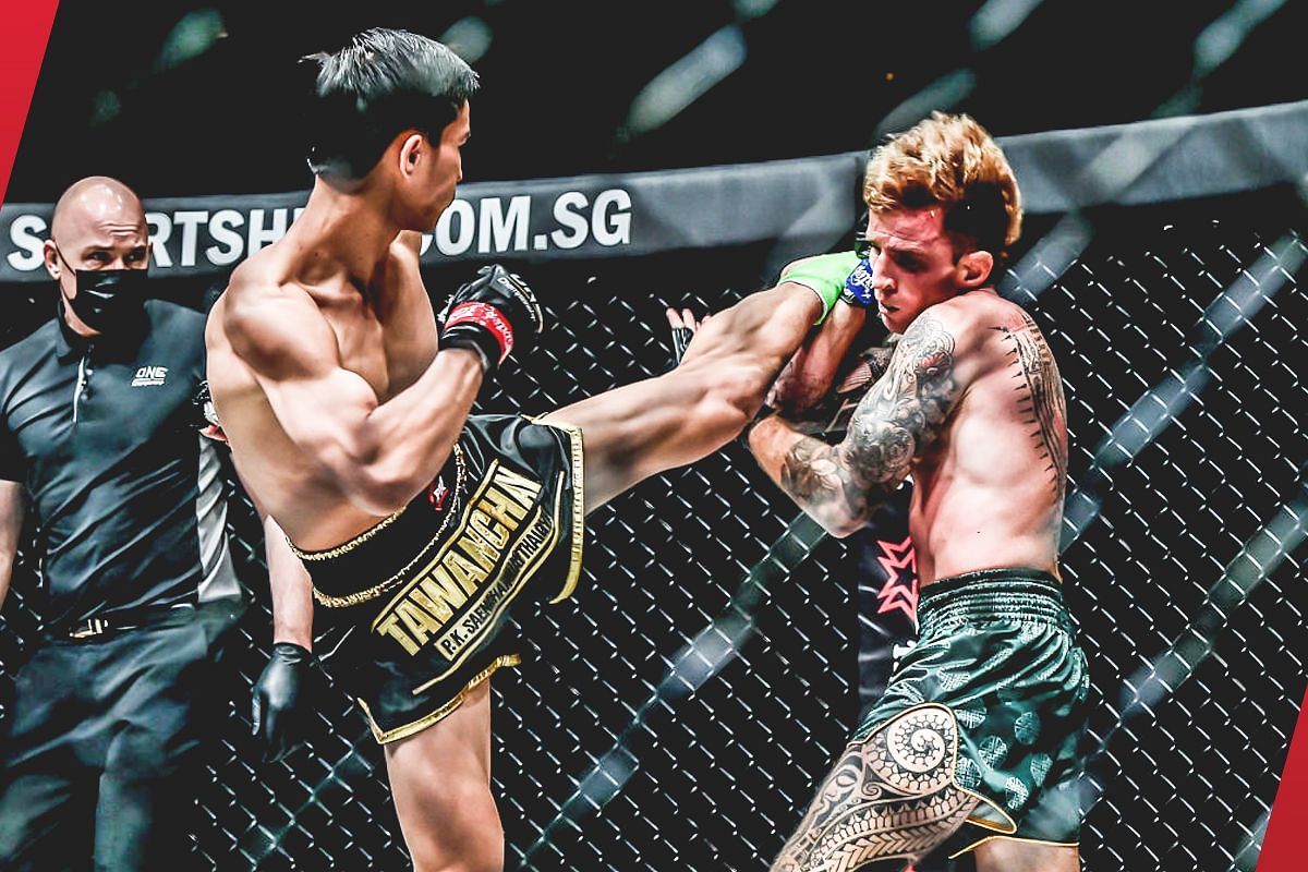 Tawanchai landing a big head kick against Sean Clancy [Photo via: ONE Championship]