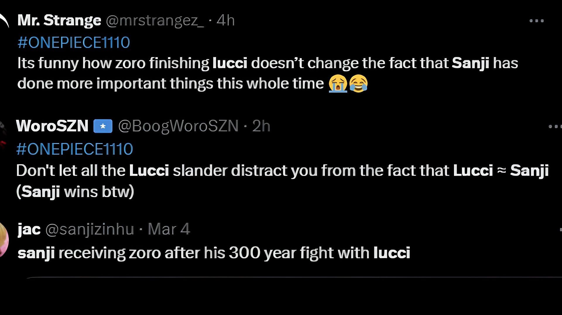 One Piece fans defending Sanji after Zoro vs. Lucci conclusion (Image via X/Twitter)