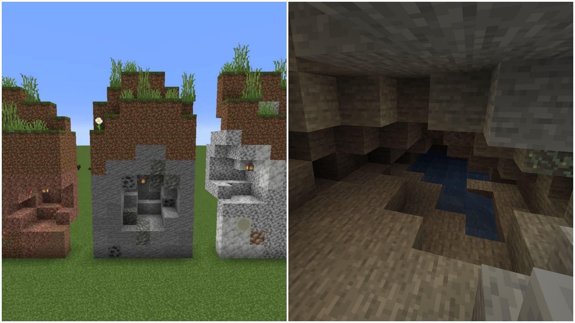 Minecraft Redditor showcased alternate underground terrain generation from single stone blocks (Collage via Sportskeeda)