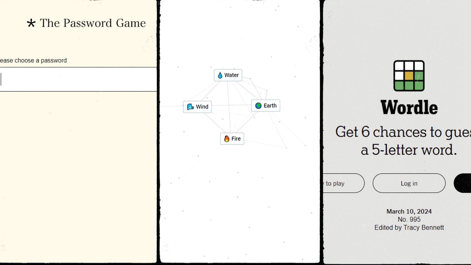 Images from Password Game, Infinite Craft and Wordle