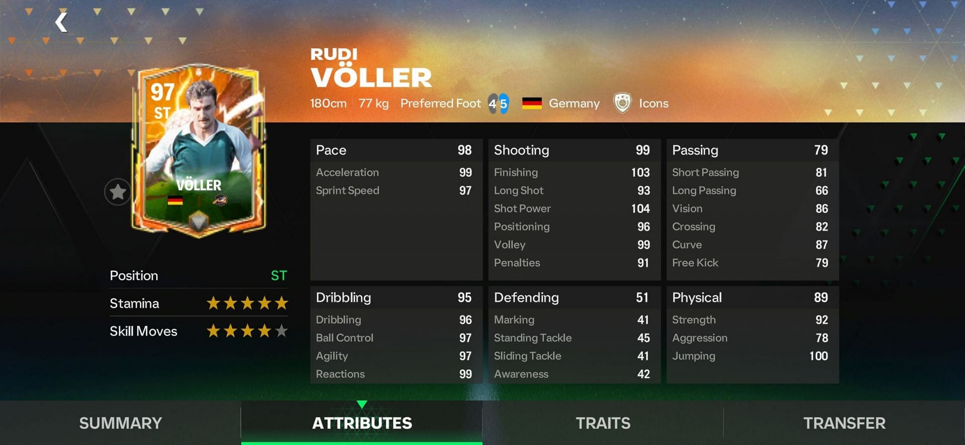 Rudi V&ouml;ller&#039;s 97 OVR Hero version card is one of the best FC Mobile strikers in the current meta (Image via EA Sports)