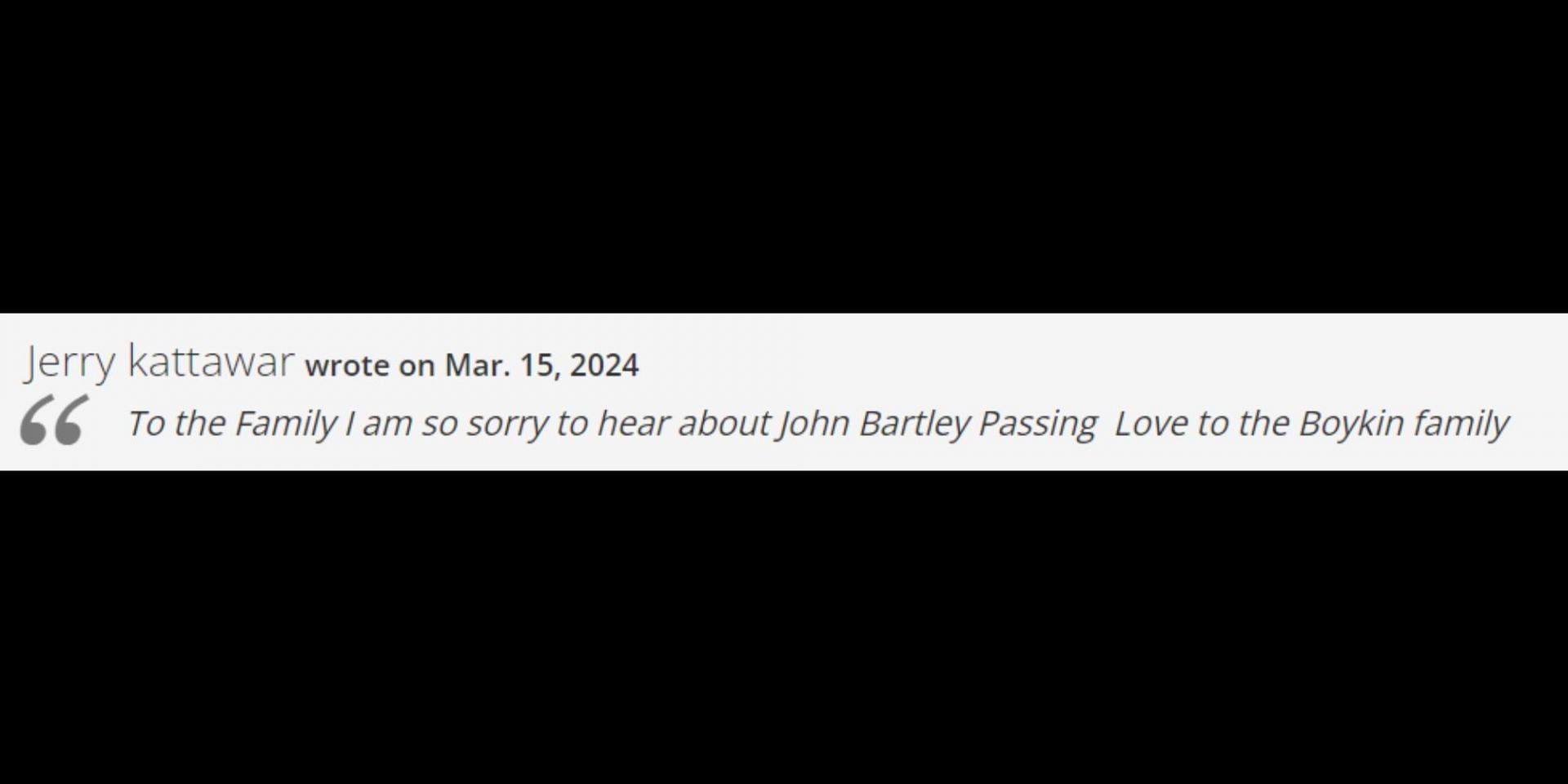 Tribute to John Bartley. (Image via Robert Barham Family Funeral Home)