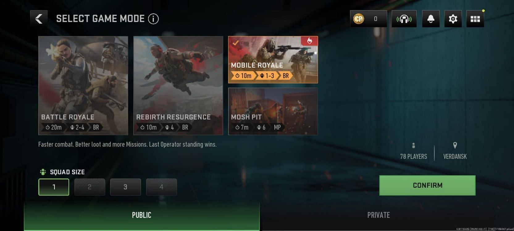 Warzone Mobile Game Mode menu (Image Via Activision)