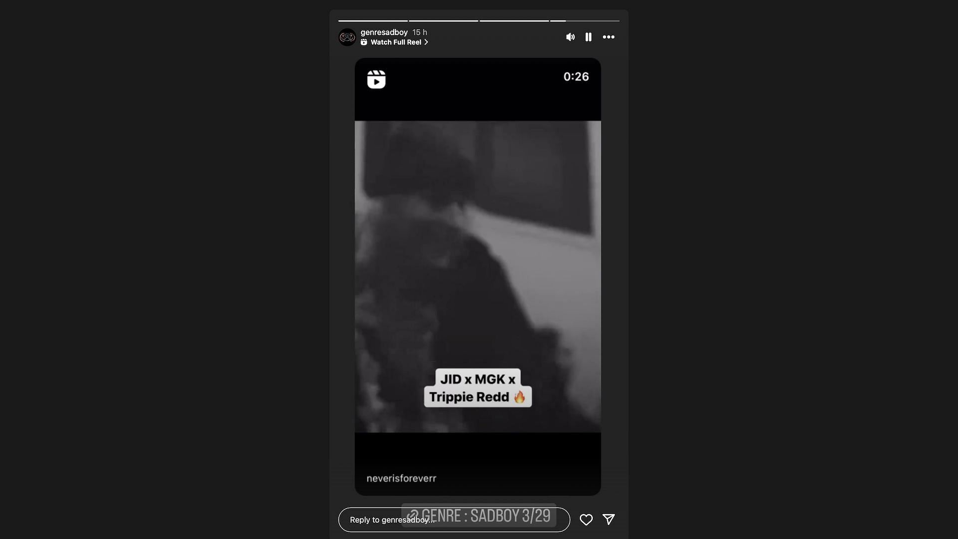 A screenshot of the story posted by @genresadboy featuring MGK, Trippie Redd, and JID (Image via Instagram/@genresadboy)