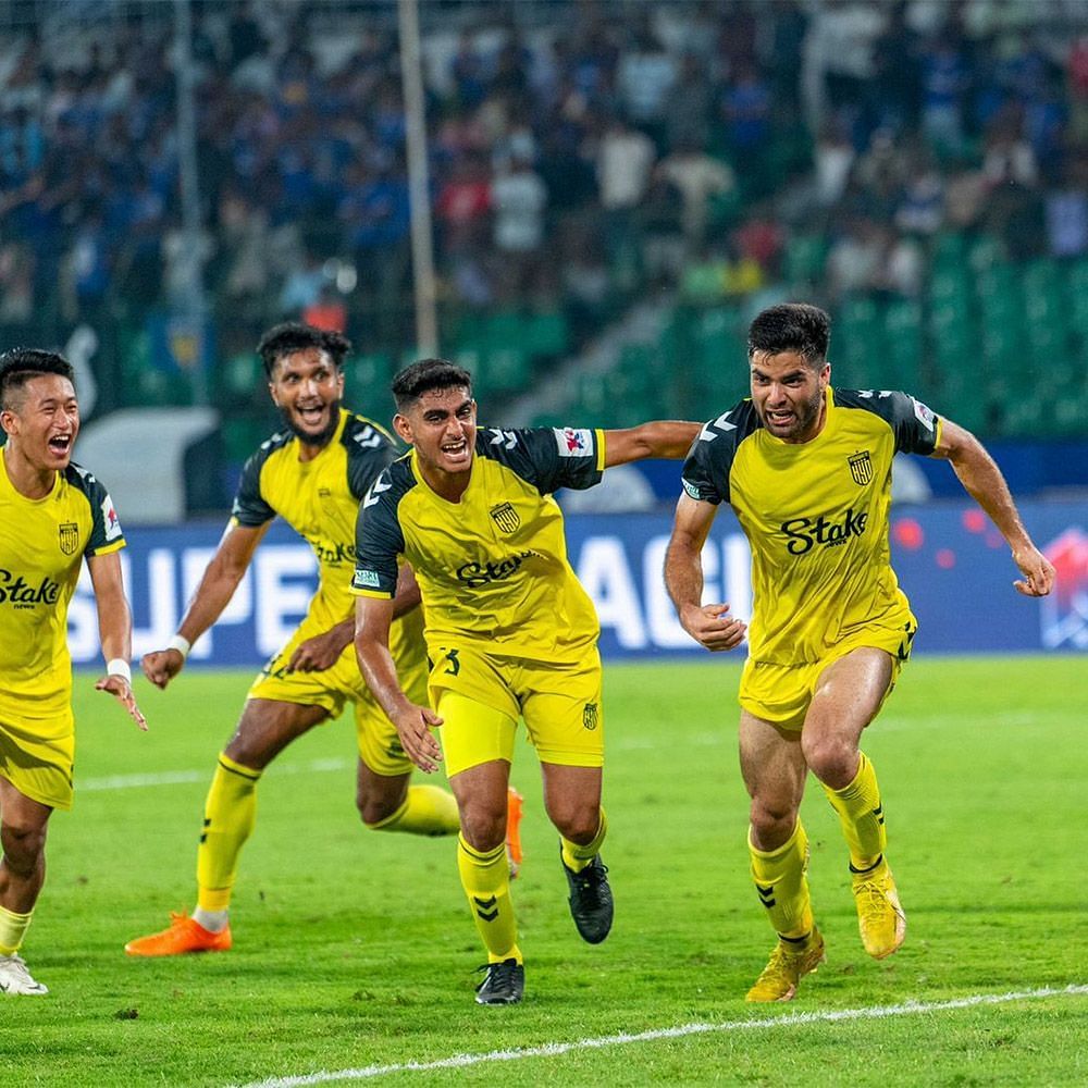 The Hyderabad players celebrating Sajad Hussain Parray&#039;s goal in the 90th minute.