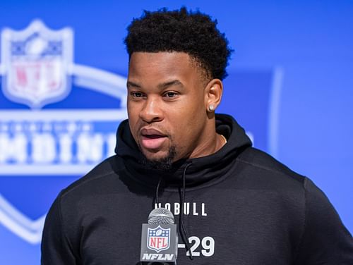 Nathaniel Watson #LB29 of the Mississippi State Bulldogs speaks to the media during the 2024 NFL Draft Combine