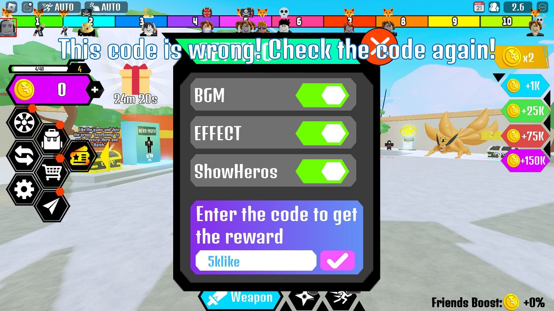 Troubleshooting codes for Anime Clicker Fight (Image via Roblox)