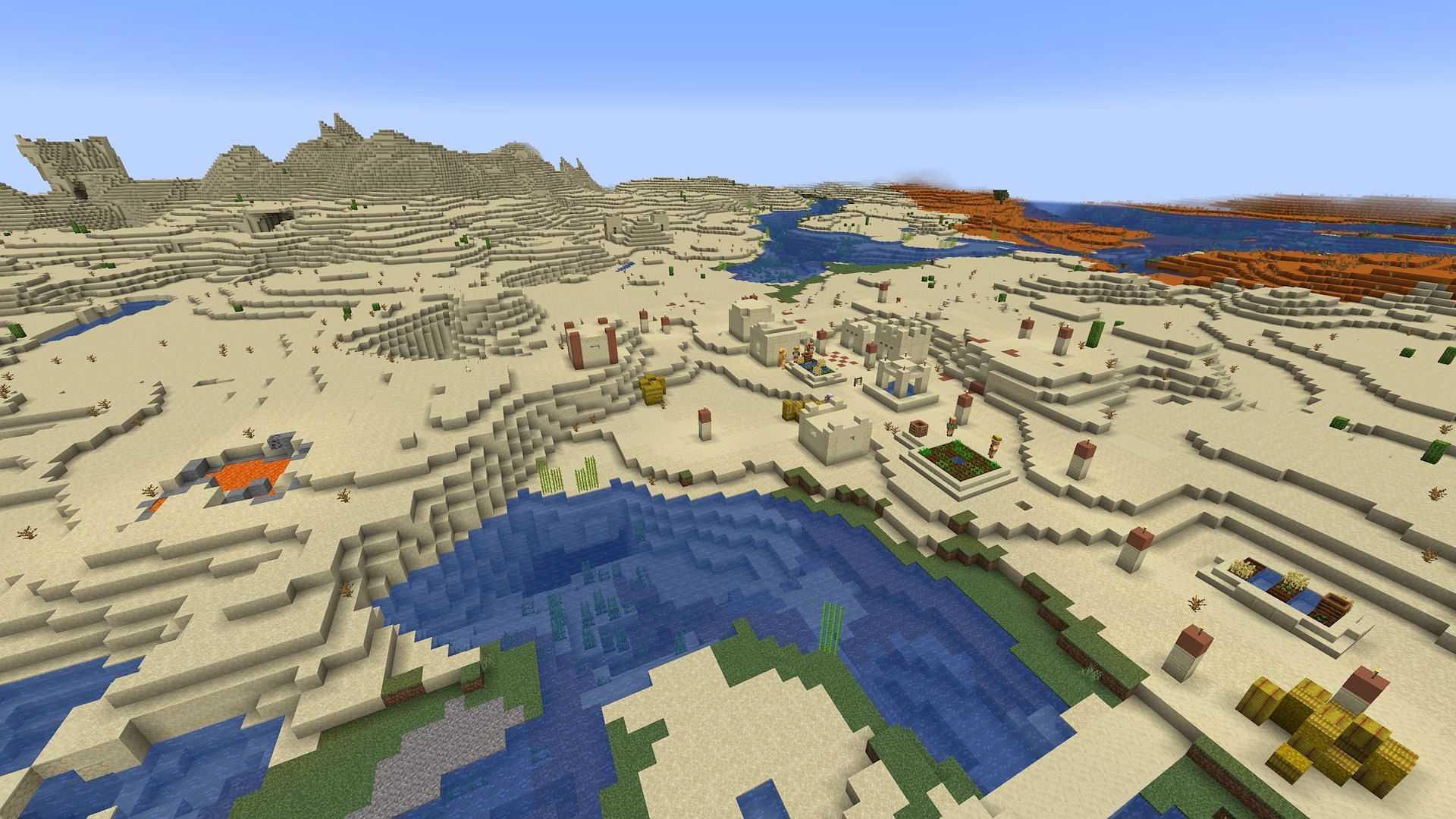 The village closest to spawn also has a desert temple to loot (Image via Mojang)