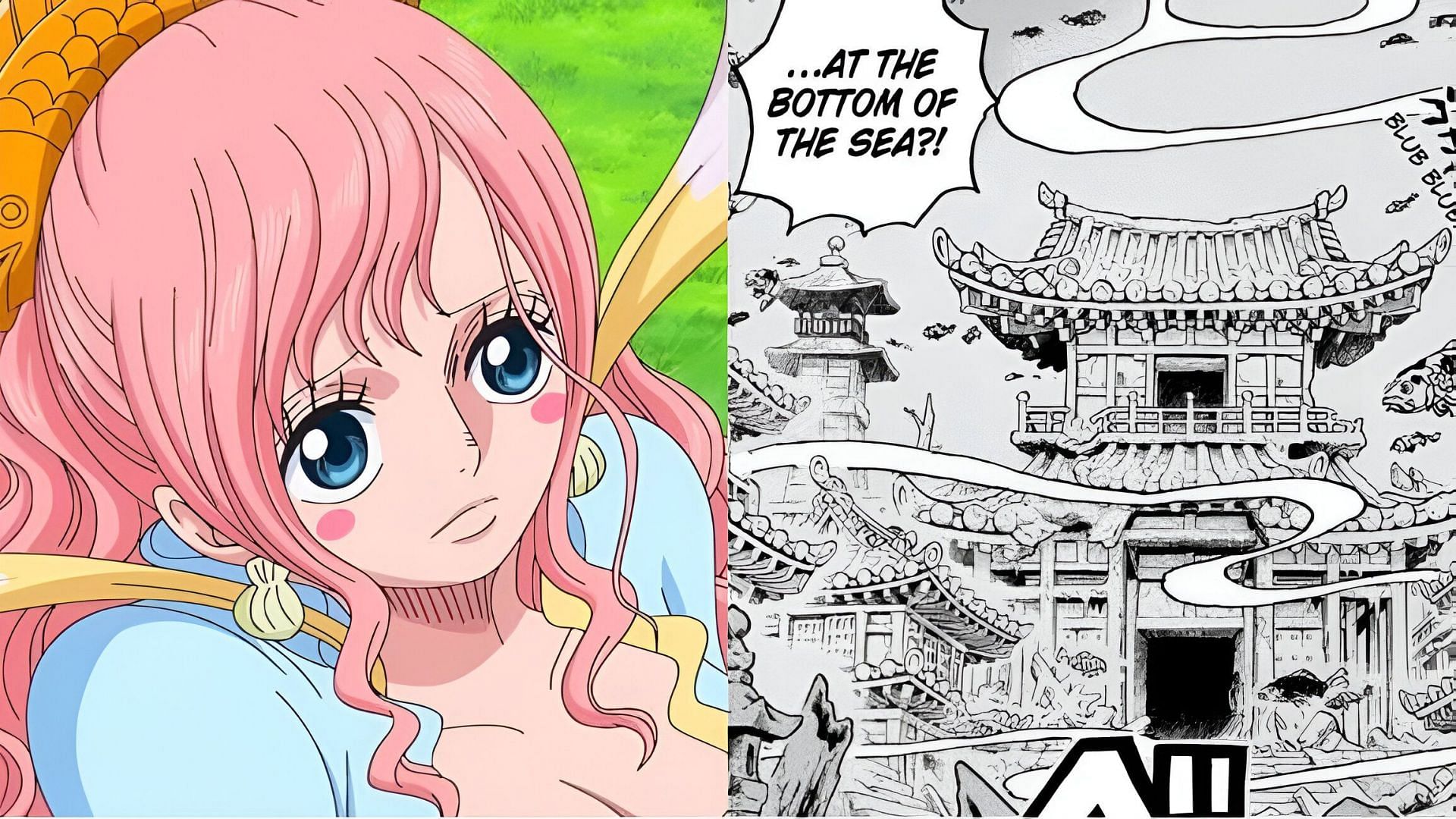 Shirahoshi (left) and Ancient Wano (right) (Image via Toei Animation &amp; Shueisha)