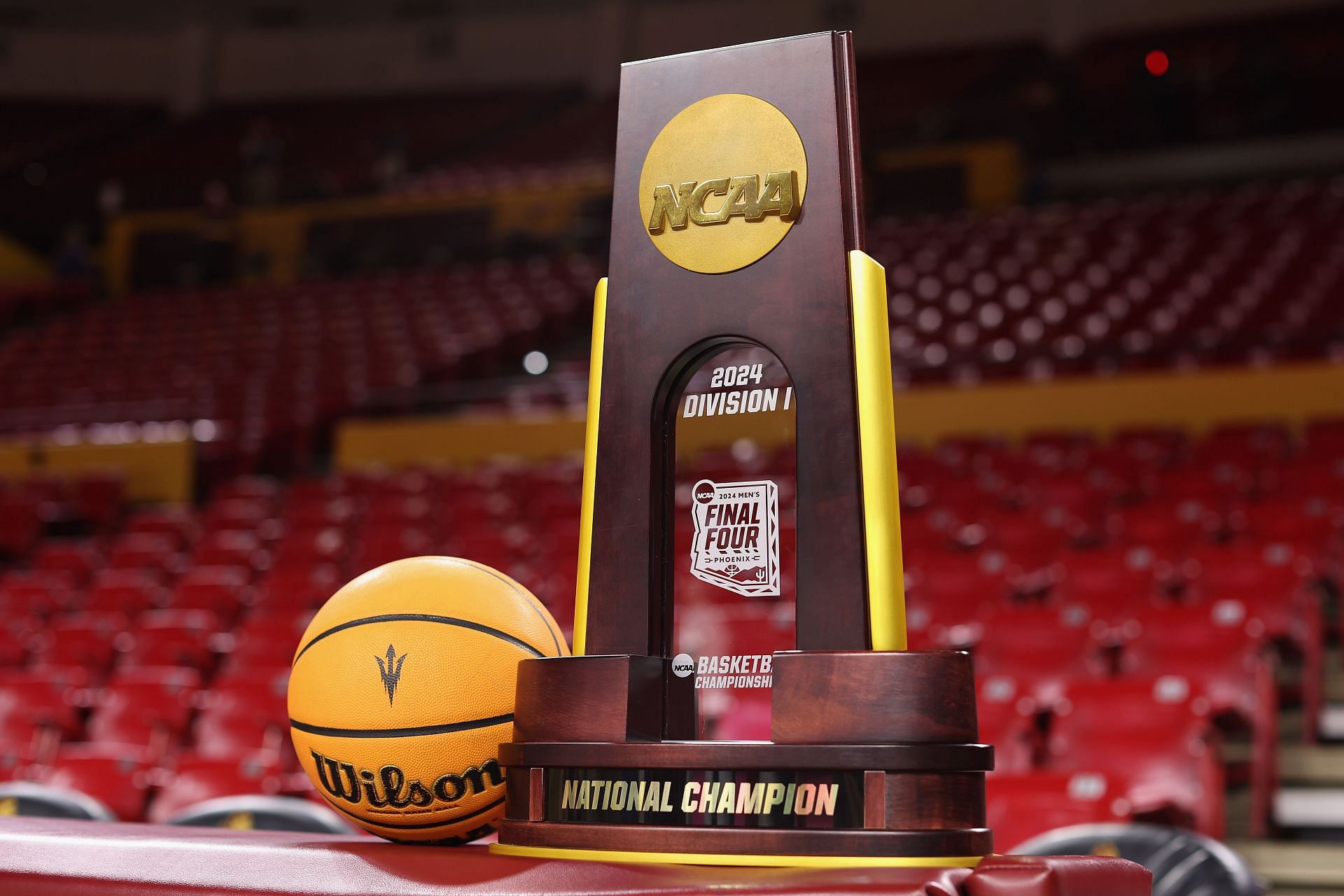 The NCAA men&#039;s basketball championship trophy is displayed before the game between the Arizona State Sun Devils and the USC Trojans at Desert Financial Arena on January 20, 2024, in Tempe, Arizona.