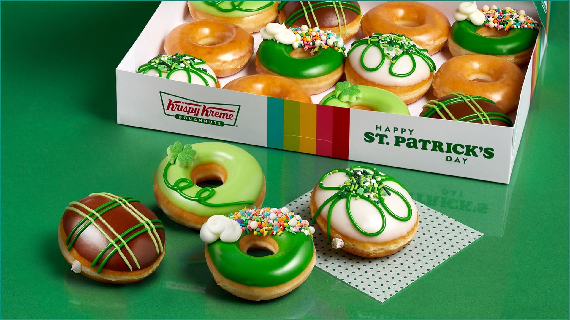 The St. Patrick&#039;s Day doughnuts are available on the menu for a limited time (Image via Krispy Kreme)