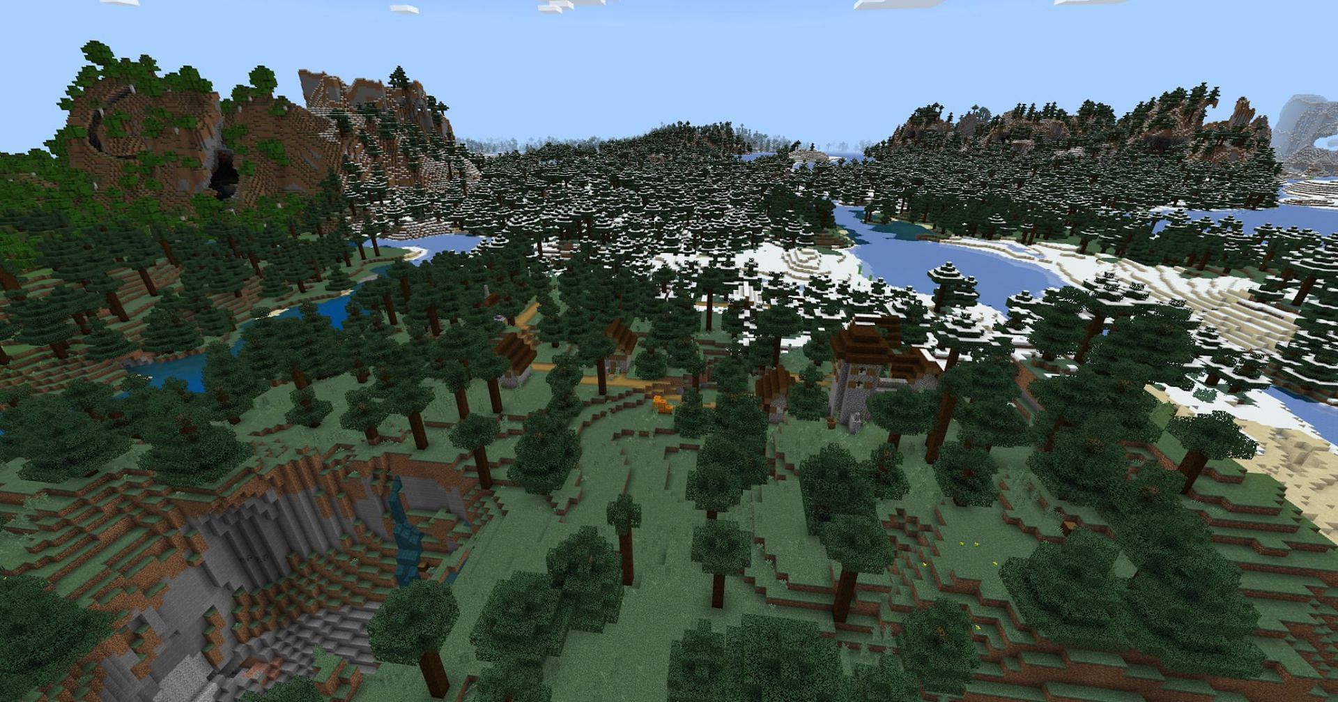 The village closest to spawn is on the edge of the snow (Image via Mojang)