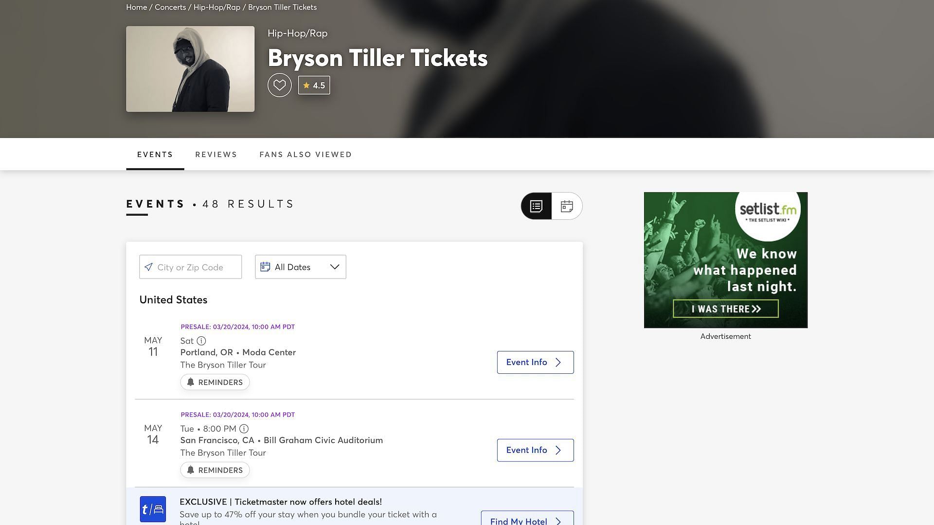 Ticketmaster&#039;s official listing for Bryson Tiller&#039;s upcoming US Tour (Image via ticketmaster.com)