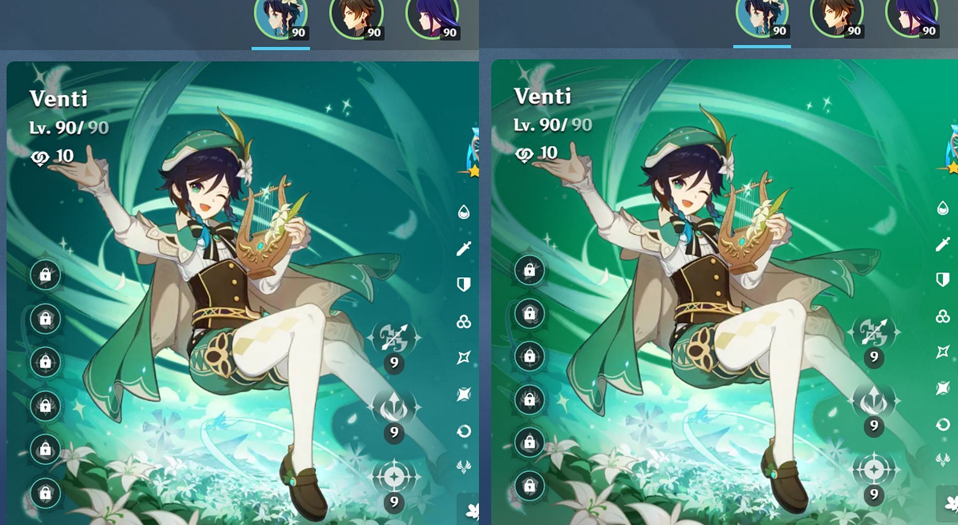 Venti build card with and without adaptive color (Image via Enka.network || HoYoverse)