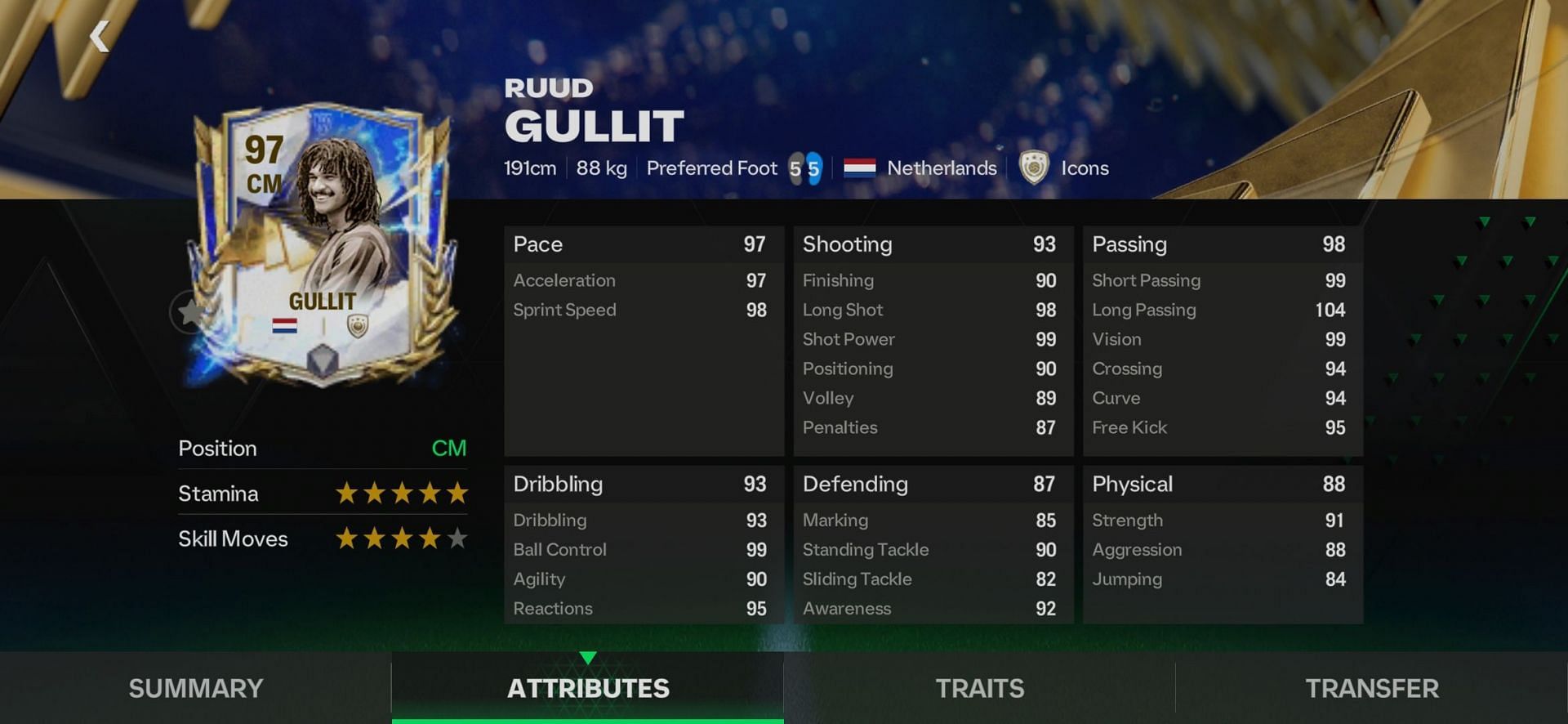 Ruud Gullit's 97-rated UTOTY Icon card is the best central midfield option in FC Mobile (Image via EA Sports)