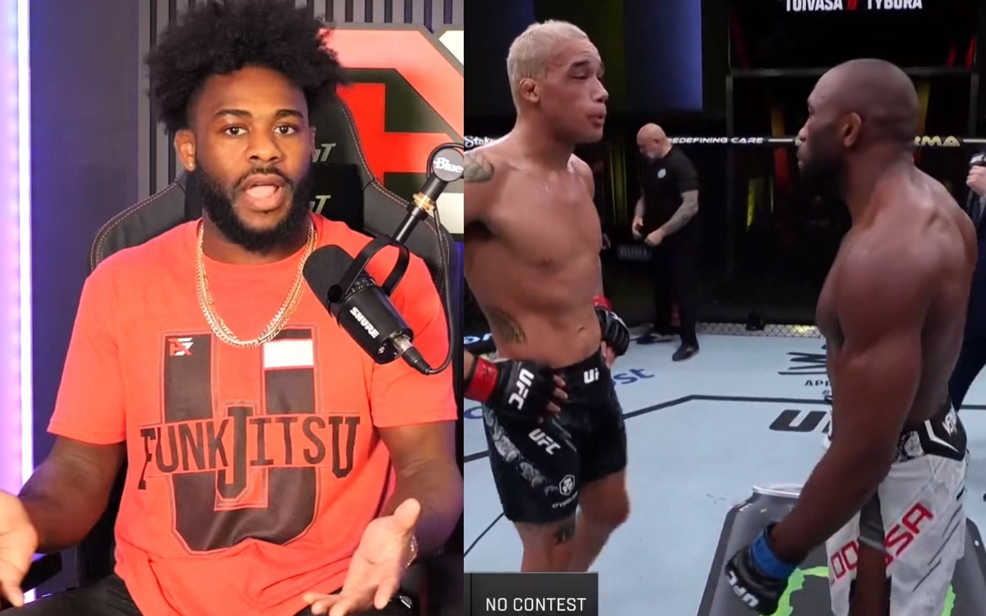 Aljamain Sterling (left) weighs in on eye-poke controversy between Bryan Battle and Ange Loosa (right) [Images Courtesy: @funkmastermma on YouTube, @ufceurope on X]