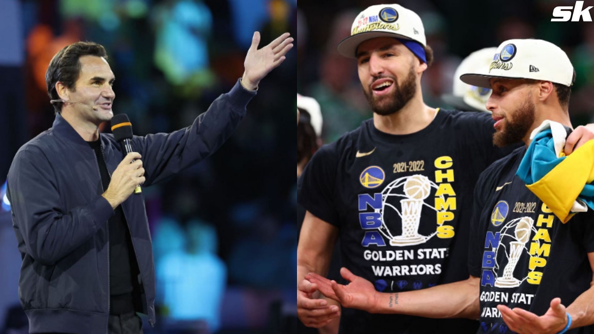 Roger Federer (left) and Stephen Curry &amp; Klay Thompson (right) 