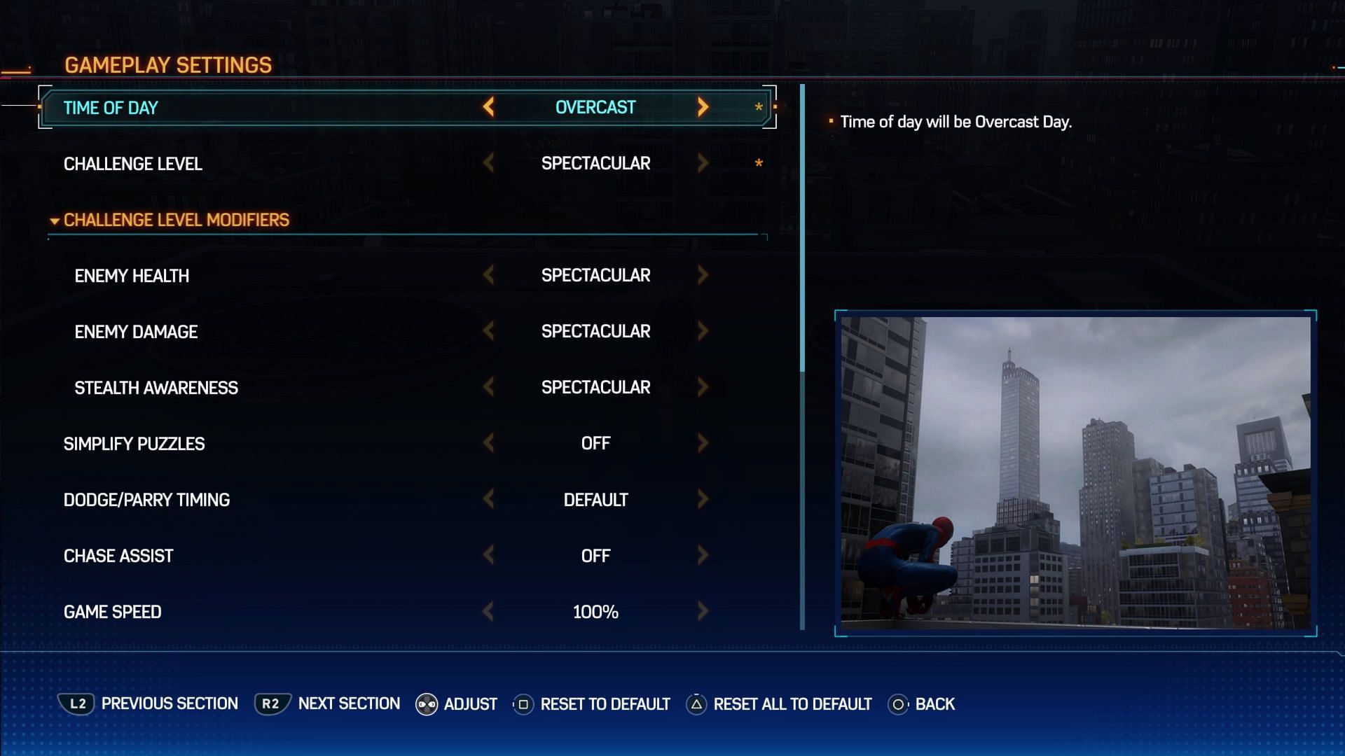 The option to change the time of day in Marvel&#039;s Spider-Man 2 (Image via Insomniac Games)