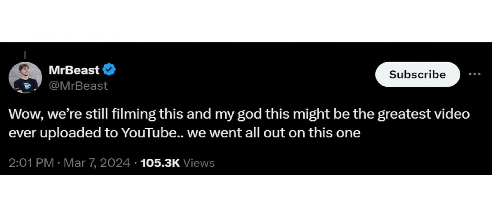 Jimmy teases upcoming video on YouTube, calls it &quot;the greatest&quot; (Image via X)